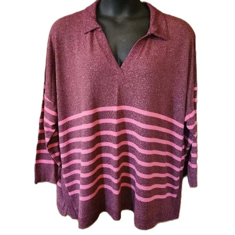 Maurices L Burgundy Pink Striped Soft Girl Knit Preppy Polo Pullover Top - Picture 2 of 10